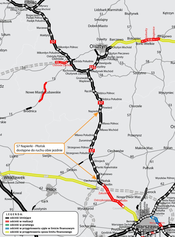 Mapka drogi ekspresowej S7 Napierki–Płońsk. Źródło: GDDKiA